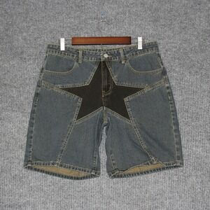 Vintage Romwe Mens Denim Star Patch Shorts Size 32 Blue Y2K Retro‎